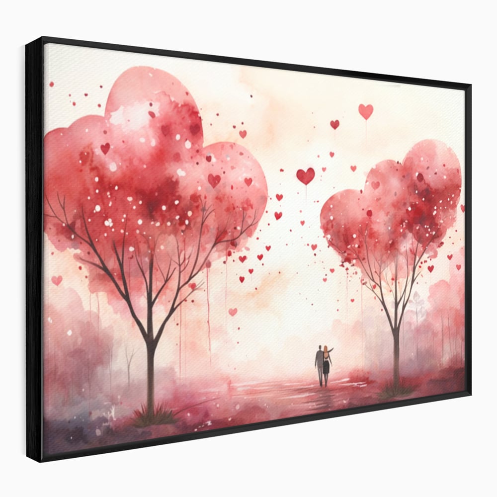 Tablou canvas cu tablou canvas cuplu sub copaci in forma de inima, in rama de aluminiu negru